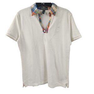 Lauren Ralph Lauren Plaid Collar Polo Shirt Woman Size M White Multicolor Trim